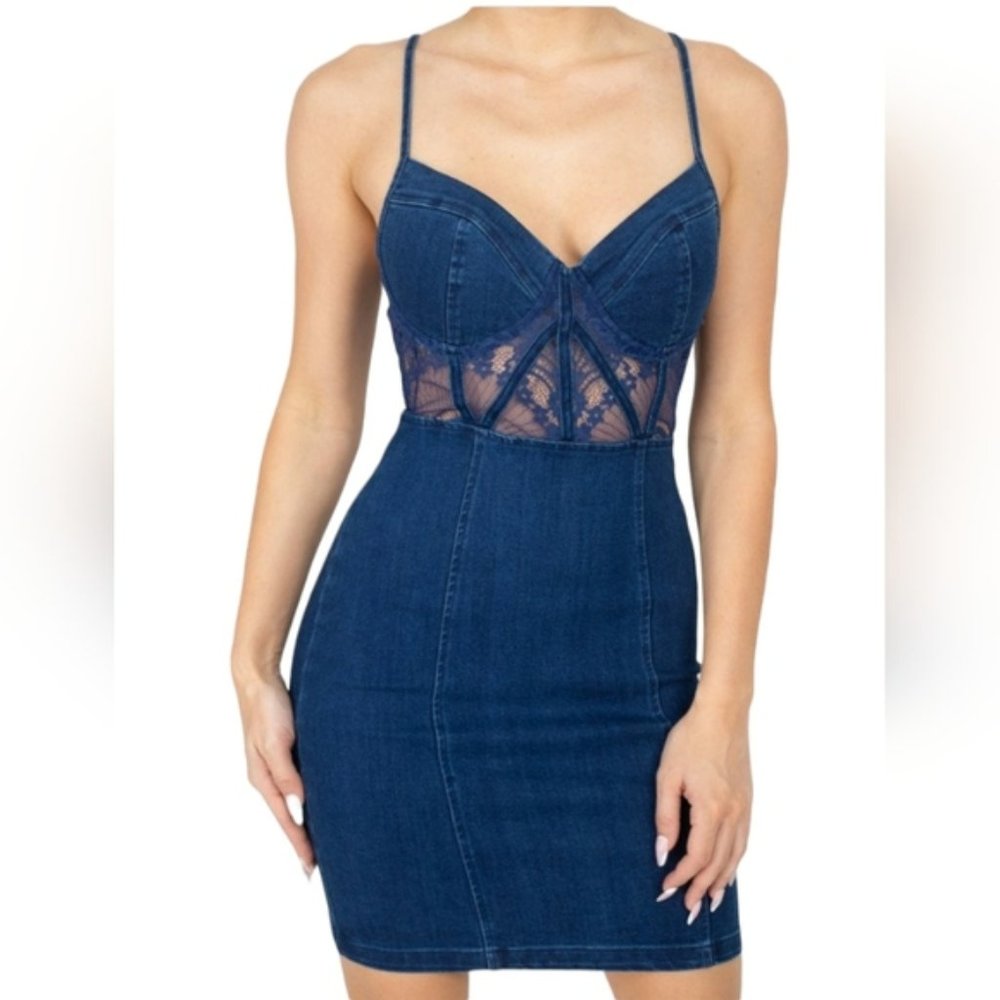 Haute Monde Denim & Lace Corset Bodycon Mini Dress Medium